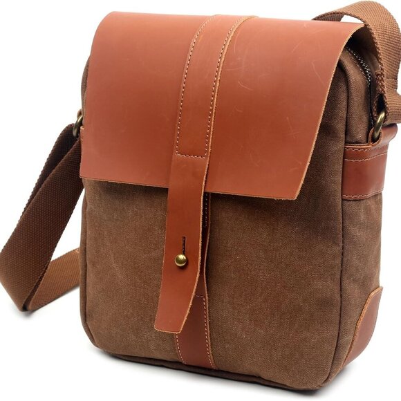 Genuine Leather & Waxed Canvas Crossbody Bag – 10-Inch, Waterproof & Durable - Picture 2 of 8